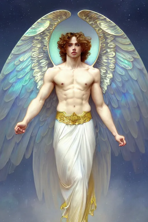 Prompt: fullbody portrait of a beautiful young fit male angel with curly blond hairs, soft smile, dressed in long fluent skirt, majestic symmetrical eagle wings, luminous halo, by greg rutkowski and alphonse mucha, gradient white to gold, in front of an iridescent background, highly detailed portrait, digital painting, smooth, sharp focus illustration, artstation