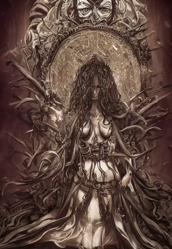 Prompt: mad priestess of forbidden knowledge concept art, symmetrical, rule of three, detailed body, full body, detailed face, ultradetailed digital illustration, 8 k, epic atmosphere, digital art by simon cowell and kentaro miura