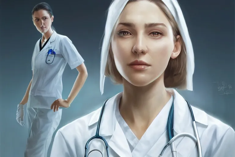 Image similar to a poster of emergency room, an elegant and beautiful female doctor in a white coat in a hospital ward, cinematic, highly detailed, digital painting, artstation, concept art, matte, sharp focus, illustration, art by artgerm and greg rutkowski