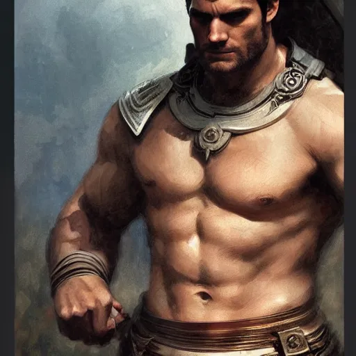 Image similar to henry cavill as a greek gladiator, gorgeous, amazing, muscular, intricate, highly detailed, digital painting, artstation, concept art, sharp focus, illustration, art by greg rutkowski and alphonse mucha