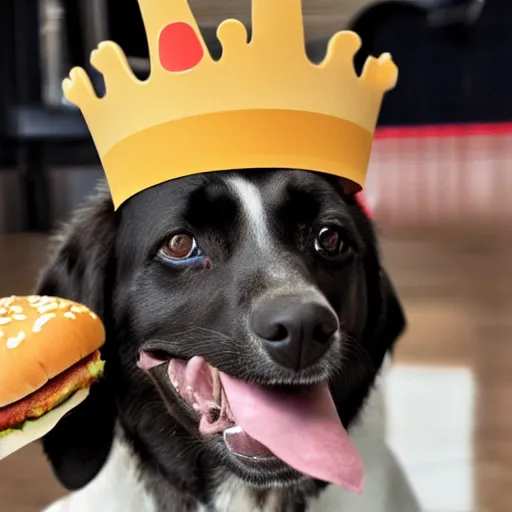 Image similar to a dog eating a big mac while wearing a burger king crown, award winning photography