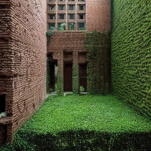 Image similar to courtyard complex of a labyrinthine monastary made of fractal resursively stacked bricks, fusion of carlo scarpa and thomas heatherwick, moss and ivy growing on the bricks, architectural photography