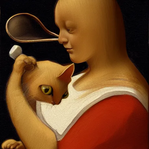 Image similar to the cat cooks soup, stirring a pot with a ladle, oil painting, drawn by Leonardo Da Vinci, trending in Artstation, artstationHD, 4k