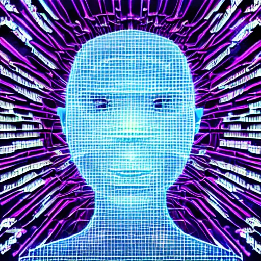 Prompt: a cibernetic artwork of a futuristic artificial intelligence superstar, centered image, with frames made of detailed fractals