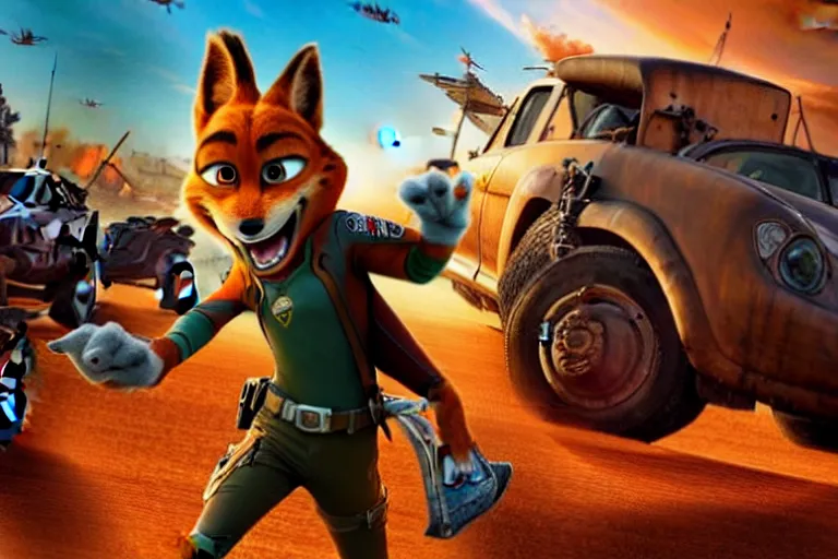 Image similar to nick wilde ( from zootopia ), heavily armed and armored facing down armageddon in a dark and gritty reboot from the makers of mad max : fury road