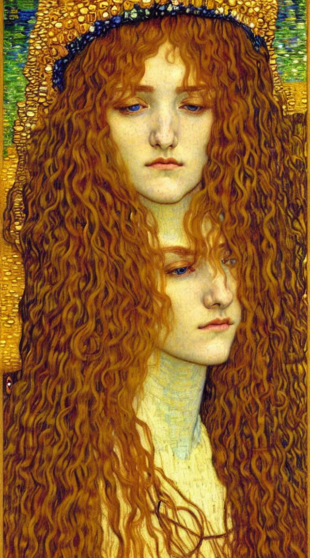 Image similar to detailed realistic beautiful young medieval queen face portrait by jean delville, gustav klimt and vincent van gogh, art nouveau, symbolist, visionary, gothic, pre - raphaelite, muted earthy colors, desaturated