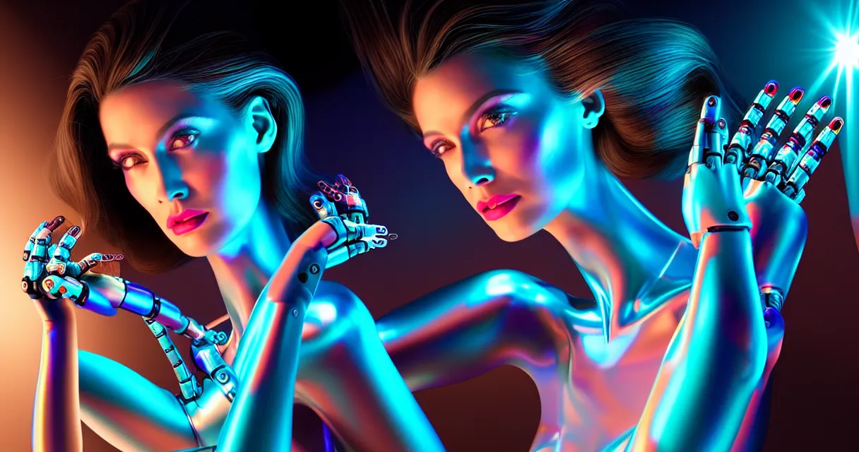 Image similar to beauty woman in holograms, with robotic arms, of alien artifacts, electrical case display, ultrarealistic, dramatic lighting, backlit, three point lighting, cables and wires, electrical details, high details, 4k, 8k, best, accurate, trending on artstation, artstation, photorealism, ultrarealistic, digital painting, style of Caravaggio, Boris Vallejo