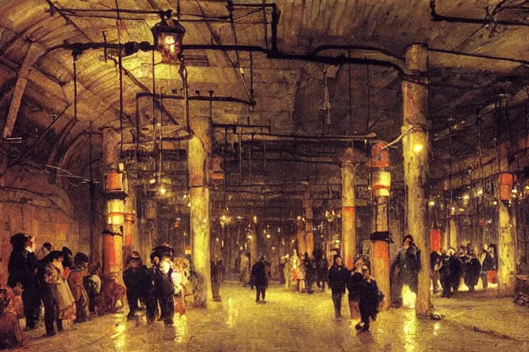 Prompt: people explore an underground city made of pipes, string lights, market place, by Ilya Repin