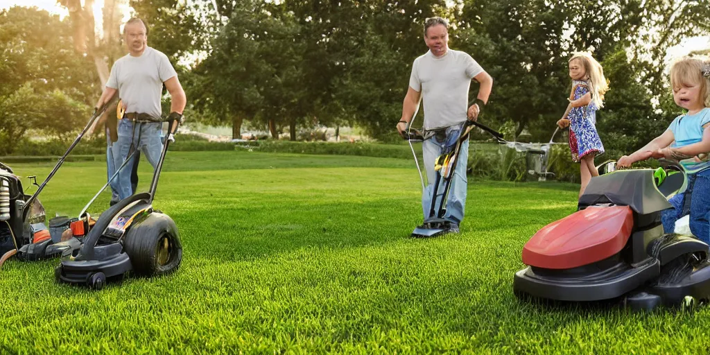 Image similar to a two shot of a cute long haired toddler pushing her plastic lawn mower as she follows directly behind her father, who is mowing his lawn while sitting on a riding lawnmower, golden hour