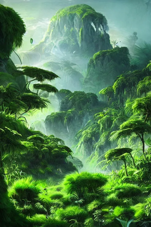 Prompt: beautiful lush green plants flowers exotic alien planet, digital painting, matte painting, small details