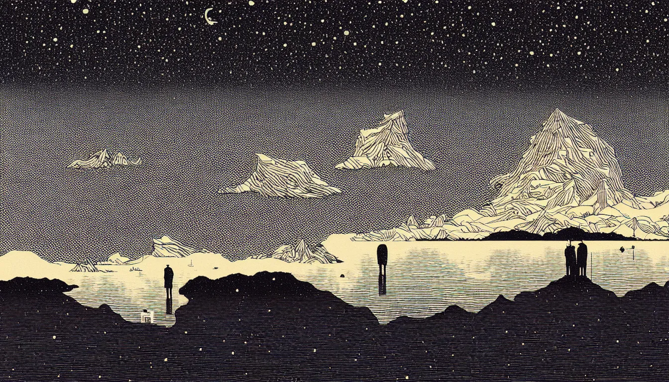 Image similar to standing in a lake looking at reflection of the night sky by woodblock print, nicolas delort, moebius, victo ngai, josan gonzalez, kilian eng