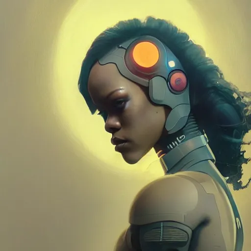 Image similar to cyborg Rihanna profile picture by Greg Rutkowski, dynamic pose, intricate details, futuristic, volumetric lights, streetwear, studio ghibli, Organic Painting , Matte Painting, geometric shapes, hard edges, trending on the artstation, fantasy LUT, realistic by Sachin Teng + Martin Grip + Moebius + Patrick Gleason, smooth, sharp focus, techwear, Industrial Scifi, detailed illustration, character portrait, highly detailed, digital painting, artstation, concept art, soft light, hdri, smooth, sharp focus, illustration, art by tian zi and craig mullins and WLOP and alphonse much,