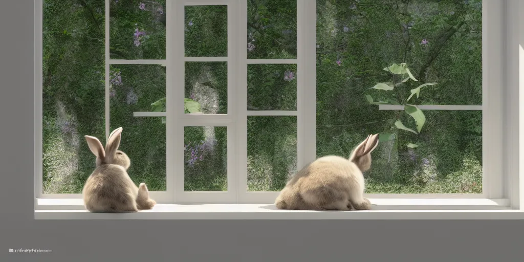 Prompt: beautiful peaceful dreamy painting of a content bunny sitting by a window and looking outside, sunshine coming through the window, small plants on the window sill, 8k, hyper realism, trending on artstation, octane render