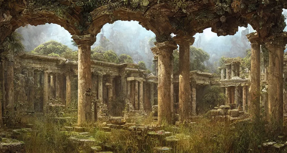 Image similar to ancient greek overgrown temple surrounded by wildlife, by beksinski, gustave moreau, bosch, retro fantasy illustration, highly detailed, photorealistic, illustration, matte painting, 8 k