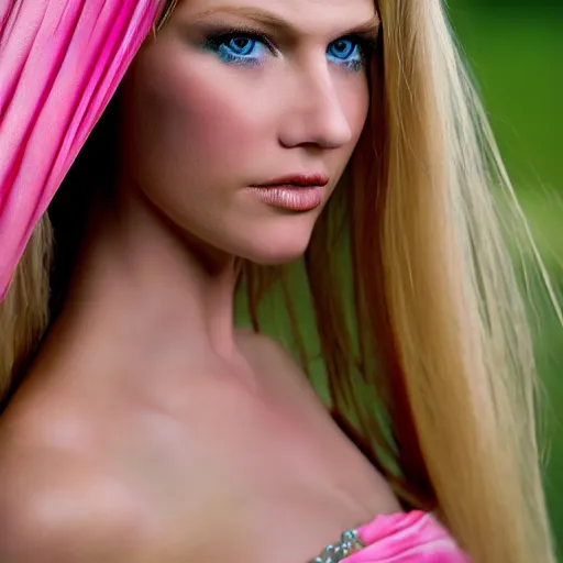 Image similar to close up headshot of a princess with long blonde hair and blue eyes wearing a strapless elaborately beaded pink dress, high resolution film still, 8k, HDR color, film by Simon Langton and David Frankel, diamond shaped face