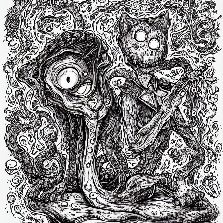 Image similar to Garfield as an eldritch abomination, illustrated by Junji Ito, Lovecraftian, digital art, line art, highly detailed