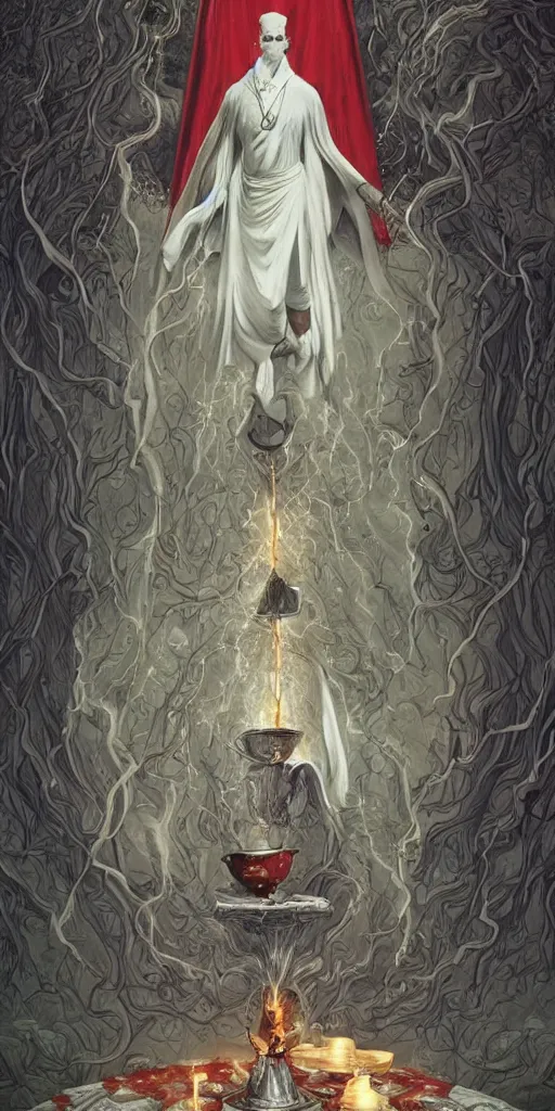 Image similar to tarot card of Magician white robe purity, red cloak, knowledge, table in front with a cup, pentacle, sword and wand – water, earth, air and fire, unlimited potential, flowers, fruition of ideas by framk frazzeta, brom, luis royo, Zdzisław Beksiński and thu berchs James Gurney unreal engine, Trending on artstation.