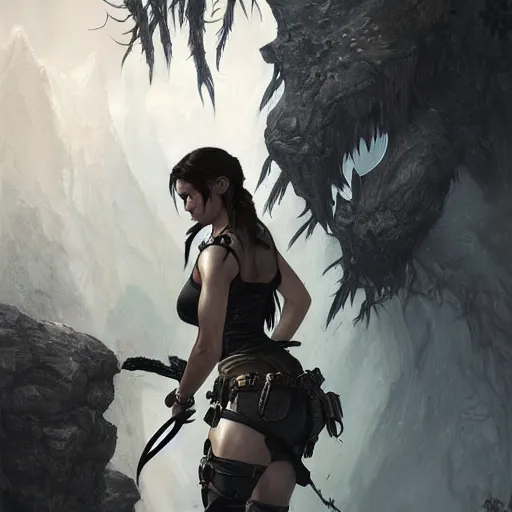 Image similar to lara croft as a goth girl, fantasy, intricate, elegant, highly detailed, digital painting, artstation, concept art, matte, sharp focus, illustration, art by aenaluck and roberto ferri and greg rutkowski, epic fantasy, digital painting