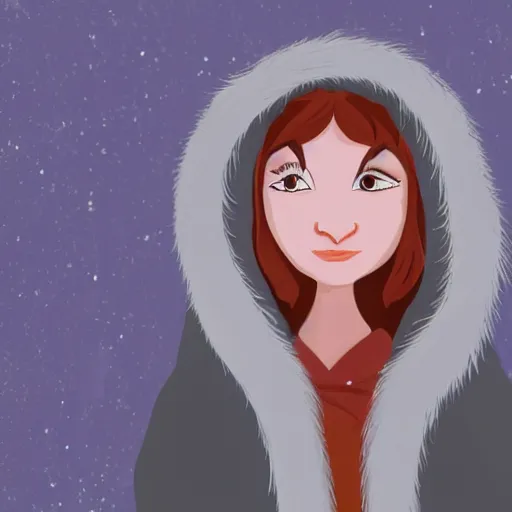 Image similar to a young woman in a fur coat with the hood above her head trying to cover her from the cold icy surrounding, in the style of alberto mielgo, arcane, award winning animated movie,