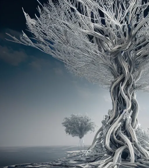 Image similar to surreal white tree made of snakes, ancient and futuristic in the desert, foggy sky, dark night, octane render, unreal engine, pale colors, high detail, 8 k, wide angle, trending on artstation, behance
