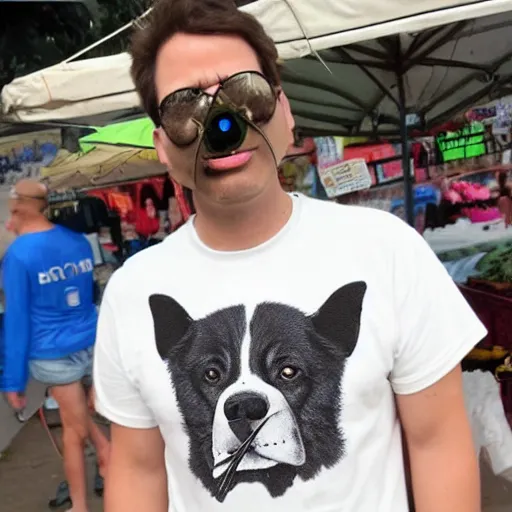 Prompt: bootleg tshirt of a dog smoking a blunt at the market