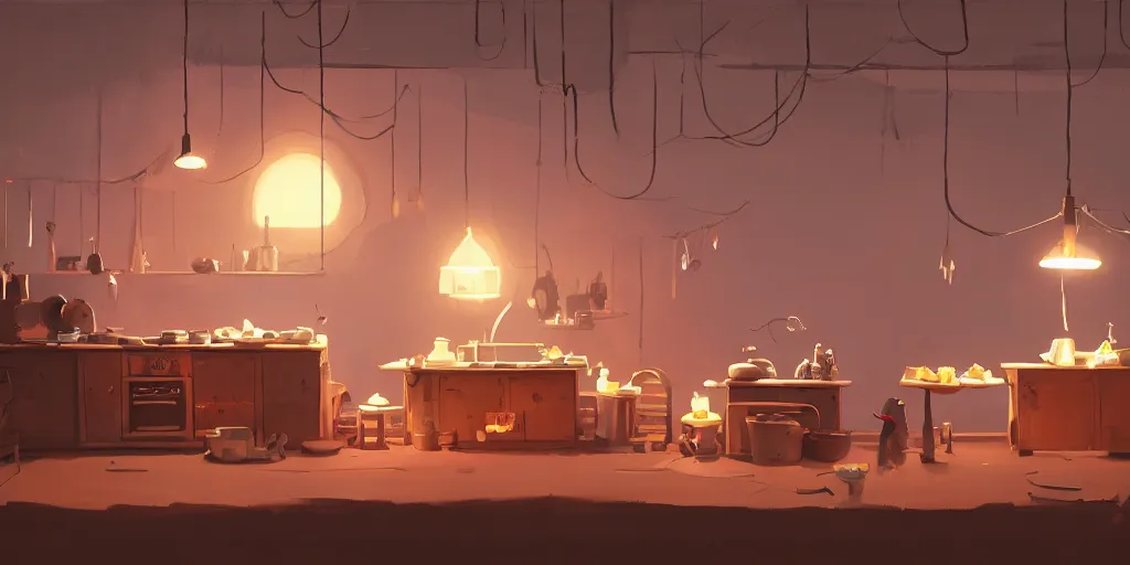 Image similar to epic illustration of a wooden kitchen dim lit by 1 candle doubly so by Goro Fujita and Simon Stalenhag and Peter chan , 8k, trending on artstation, hyper detailed, cinematic