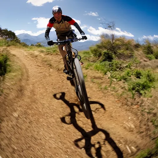 Image similar to An action photo of a giraffe with old school brown pilot goggles riding mountainbike, fast towards the camera, motion blur, high detail, wide shot