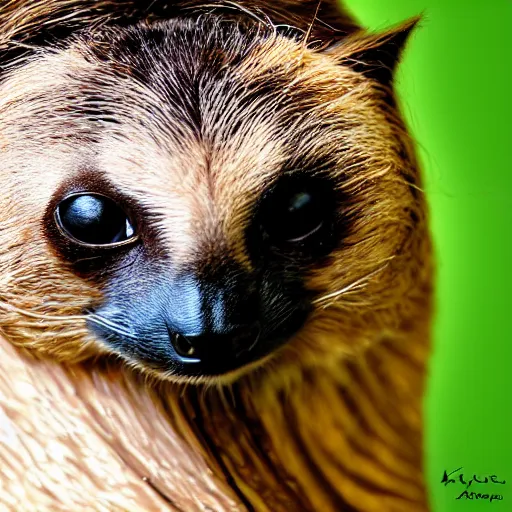 Image similar to a feline sloth - cat - hybrid with a beak, animal photography, wildlife photo, award winning