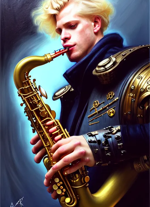 Image similar to portrait of a blond man playing sax, warhammer 40000, cyberpunk, intricate, elegant, highly detailed, digital painting, artstation, concept art, smooth, sharp focus, illustration, art by artgerm and greg rutkowski and alphonse mucha and Gustav Klimt