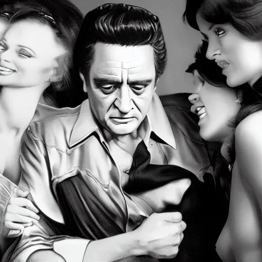 Prompt: Johnny Cash being hugged by playboy women, realistic, 8k resolution, hyperdetailed, highly detailed, real life, studio lighting, high quality, dramatic shot,