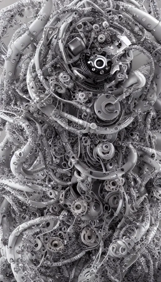 Prompt: a single bio mechanical tentacle, robotic but also organic, made up of lots of small parts, wet, shiny, horror, clinical, octane render, 8k, hyper realistic, super detailed