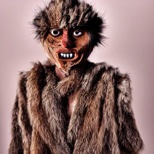 Image similar to a monster with a wooden face with painted eyes and multiple layers of fur and fabric, photography by shoji ueda