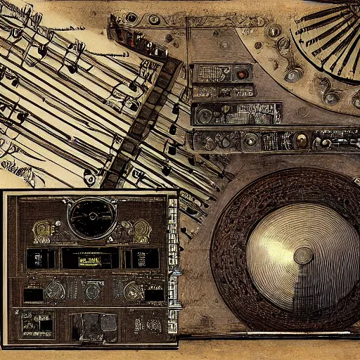 Image similar to electronic music instrument, music scores, da vinci, notebook page, high detail, intricate writing