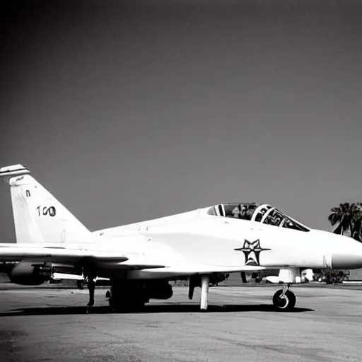 Image similar to 1986 US airforce base, chrome F4 Phantom, US pilots standing around, palm trees