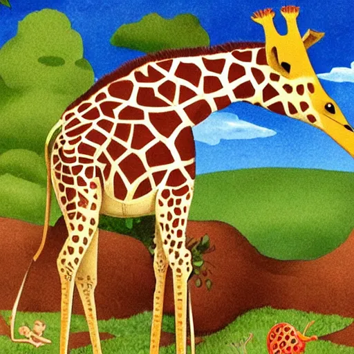 Image similar to giraffe falls for a scam, children's book illustration