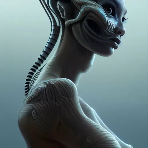 Image similar to wide angle full body portrait of an alien female, a perfect face and perfect body, thin waist, intricate, single face, highly detailed, digital painting, artstation, concept art, smooth, sharp focus, illustration, Unreal Engine 5, 8K, art by artgerm and greg rutkowski and alphonse mucha and david cronenberg and h.r. giger