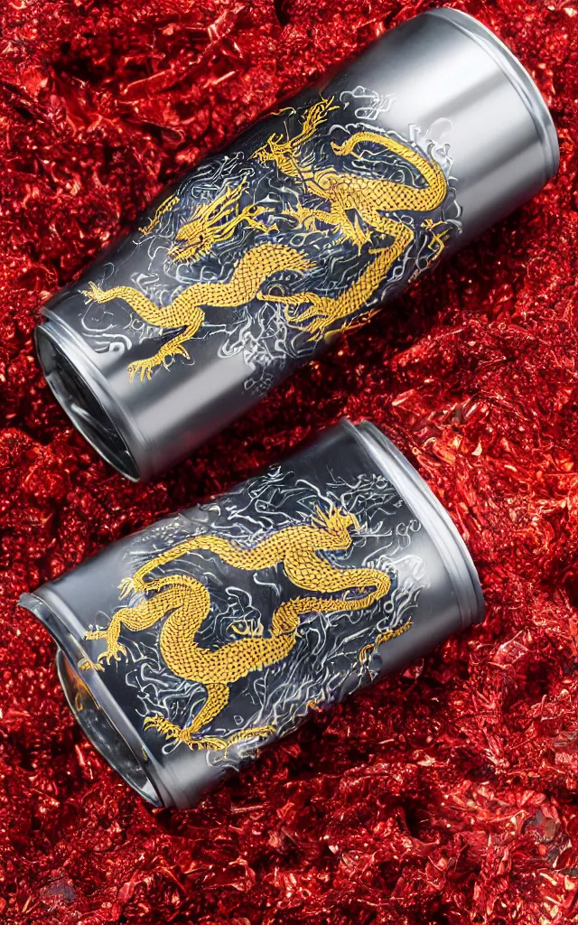 Prompt: a single aluminium can of a dragon-flavored energy drink, intricate and detailed, gold red and silver design, professional studio photography, black sand and red lava background, packshot