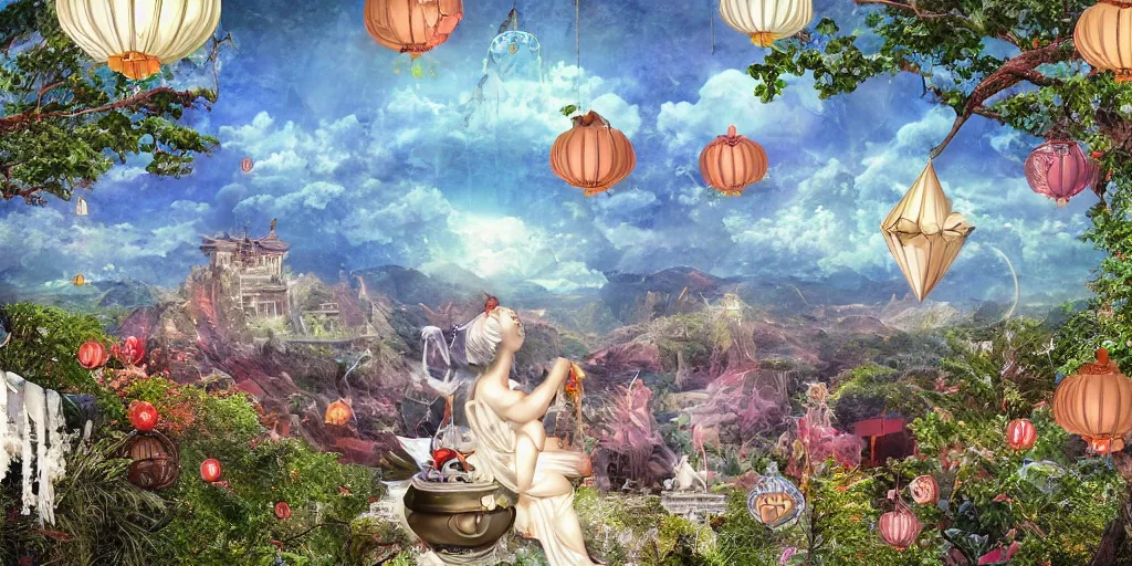 Image similar to wind god enjoying the view from his stone heavenly palace, decorated with windchimes and paper lanterns, nature, clouds and other palaces in background, digital art