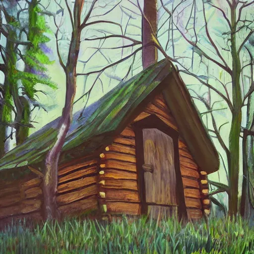 Image similar to a painting of a eerie cabin in the middle of the woods in the style of alison geissler