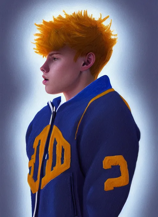 Image similar to portrait of high school senior boy named big moose, blonde short hair, jock, beefy, wide face, square jaw, square facial structure, blue varsity jacket with letter r, intricate, elegant, glowing lights, highly detailed, digital painting, artstation, concept art, sharp focus, illustration, art by wlop, mars ravelo and greg rutkowski