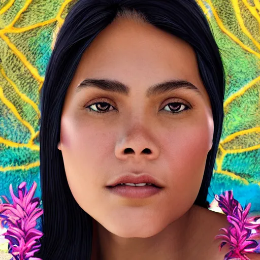 Image similar to a hawaiian filipino portuguese woman with brunette hair and blue luminously incandescent eyes, photorealistic imagery, self - portrait, 4 k, 8 k