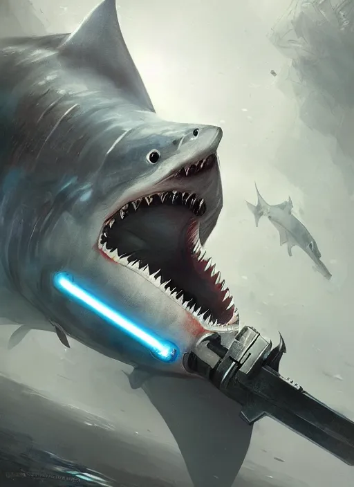 Image similar to digital painting of a shark in armor with a lightsaber, fantasy, portrait, scifi, realistic, detailed, concept art, ruan jia, wlop