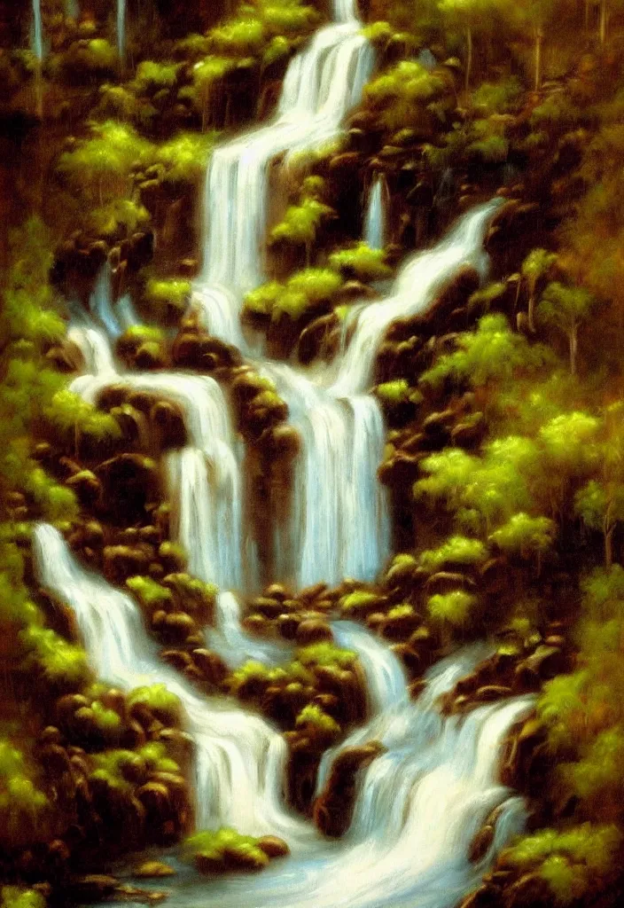 Image similar to a waterfall made out of chocolate by salvador dalli oil on canvas digital art.