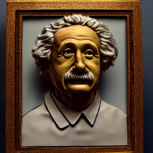 Prompt: wax sculpture einstein portrait