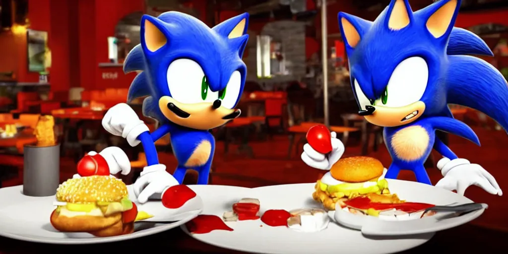 Image similar to A render of Sonic the Hedgehog sitting across from Shadow the Hedgehog at a restaurant, Sonic looks like he is shocked, Shadow is looking away in disgust, they both have hamburgers in front of them on a plate, movie, HDR, moody lighting, unique camera angle from the end of the table and between them