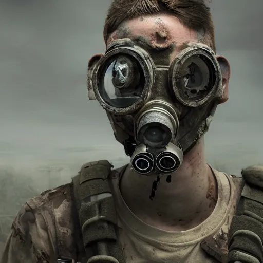 Image similar to military zombie with pig body type in broken gasmask, details face, photo, bloody eyes, unreal engine, digital, artstation, detailed body, heavenly atmosphere, digital art, overdetailed art, trending on artstation, cgstudio, the most beautiful image ever created, dramatic, award winning artwork, beautiful scenery