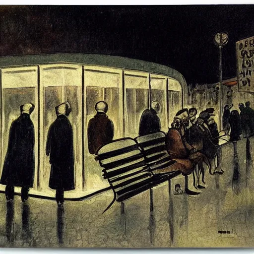 Image similar to a some people waiting in a lone bus stop in quiet dark city night, high quality, high resolution,detailed, by otto dix