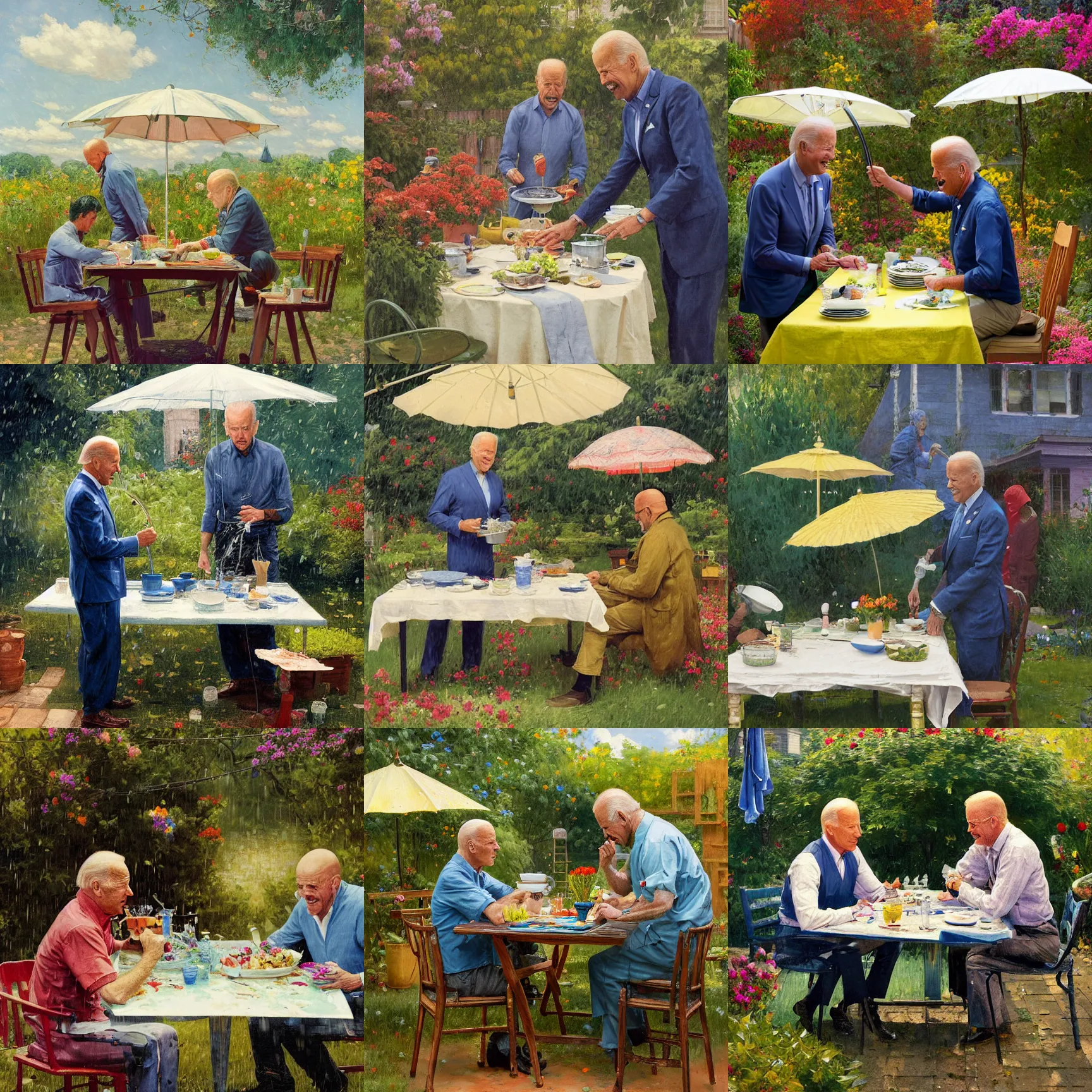 Prompt: joe biden and walter white putting dishes on a table in the backyard, a tilted parasol sits above the table, a garden with colorful flowers in the background, rainy scene, cozy 1 9 5 0's, medium symmetry, by greg rutkowski, by ilya repin, extreme detail, 8 k, intricate abstract, photorealistic