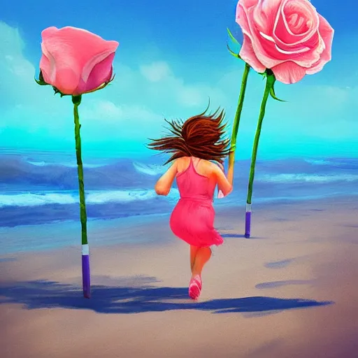 Image similar to portrait, giant rose flower head, girl running at the beach, surreal photography, sunrise, blue sky, dramatic light, impressionist painting, digital painting, artstation, simon stalenhag