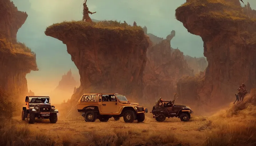 Image similar to Mahindra thar, tribe members watching nearby, an epic fantasy, dramatic lighting, cinematic, establishing shot, extremely high detail, photorealistic, cinematic lighting, artstation, by simon stalenhag, horizon forbidden west